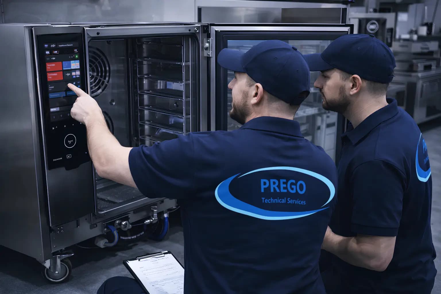Prego engineers servicing a commercial combi oven